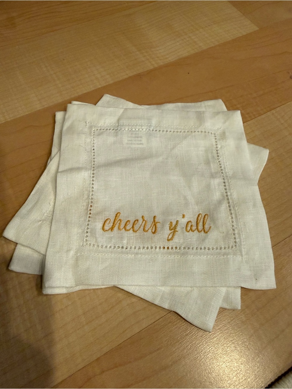 White 'Cheers y'all' Embroidered Linen Cocktail Napkins- set of 4